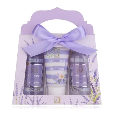 Image de Accentra Set de douche pour femmes cadeau LAVANDE dans une belle boîte 3 pièces gel douche, lotion et bain moussant idéal l&#039;anniversaire, la Saint Valentin &amp; Noël