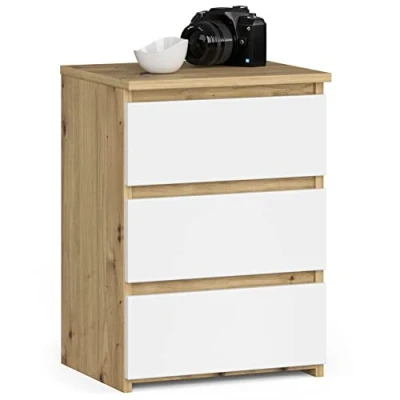 Image de AKORD Table de Chevet CL 3 avec tiroirs pour Le Salon, la Chambre à Coucher, l&#039;armoire, Bureau, Bureau Design Moderne et Fonctionnel 40 x 57 35 cm, Poids 26 kg Chêne Artisan Blanc