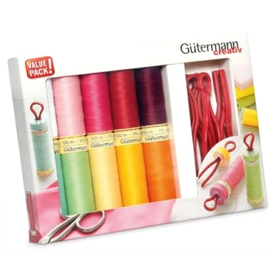 Image de Gutermann Fil Ensemble avec 10 Bobine Détenteurs, Polyester, Coloris Assortis, 100m