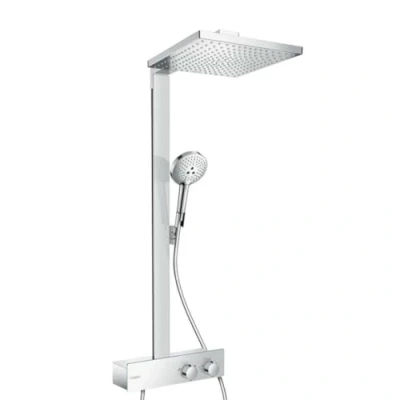 Image de hansgrohe Raindance E Colonne de douche avec mitigeur thermostatique, pluie 300 mm robinet, douchette, support, flexible douche, barre et tête carrée 1 jet, Chromé, 27362000