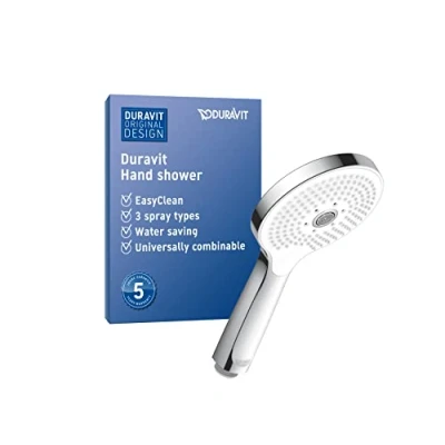 Image de Duravit Universal pomme de douche avec 3 types jets (Rain, Pulse, Mono), Tête ronde (Ø 120 mm), fonction MinusFlow permettant d&#039;économiser l&#039;eau, facile à nettoyer, chromé/blanc