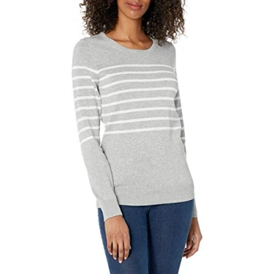 Image de Amazon Essentials Pull Col Rond Léger À Manches Longues (Grandes Tailles Disponibles) Femme, Blanc Gris Clair Chiné Motif Bandes, XL