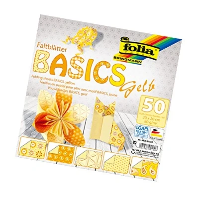 Image de Bringmann Folia Feuilles pour Pliage Basics, 80 g/m², 50 Assorties, avec 5 Motifs différents, Jaune, 20 x cm