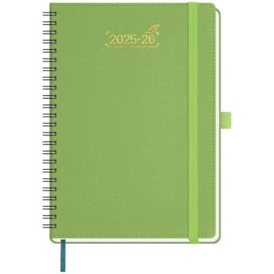 Image de BEZEND Agenda 2025 2026 A5 Spirale 21 x 15,5 cm Semainier 25 26 avec Double Horaire 1 Semaine 2 Pages 18 Mois Du juil. à déc. Couverture Souple en Cuir PU Fruit Vert