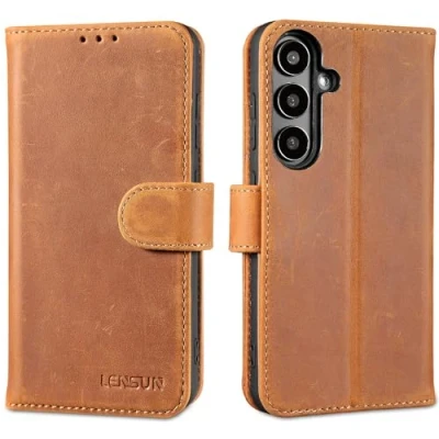 Image de LENSUN Coque pour Samsung Galaxy S24, [Etui à Rabat] Cuir Véritable Portefeuille Housse avec Rangements Cartes et Fermoir Magnétique S24 Brun Rétro