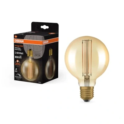 Image de OSRAM Vintage 1906 gold tinted LED lamp, 8.8W, 806lm, globe shape with 95mm diameter &amp; E27 base, warm white light, straight filament, dimmable, life of up to 15,000 hours