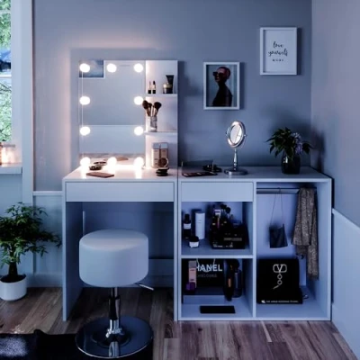 Image de Vicco Coiffeuse Isabelle, Blanc, 140 cm avec LED, Tabouret et Armoire