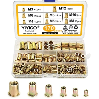 Image de YIYICO Ecrou a Sertir Écrou Aveugle Rivet Fileté M3 M4 M5 M6 M8 M10 M12 Écrous à en Acier au Carbone et Plaqué Zinc 170pcs Kit Emballé Boîtier Plastique