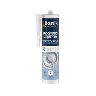 Image de Bostik FIXPRO Mastic Colle Polystyrène et Toutes Moulures MSP 121 Intérieur/Extérieur Tous Supports Hybride Polymère Couleur : Blanc 1 Cartouche 290 ml