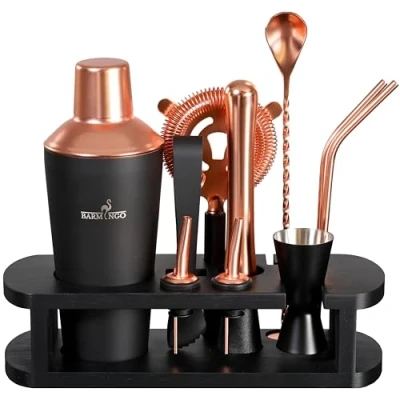 Image de BARMINGO Kit Cocktail en Acier Inoxydable 11 Pièces Volume de 700 ML Shaker avec Support et Accessoires Bar Barman Bars Noir Rosé