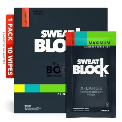 Image de SweatBlock Maximum Strength Antiperspirant Sweat Wipes For Excessive protection Extra Large Up to 7 day per use 10 Count Unisex