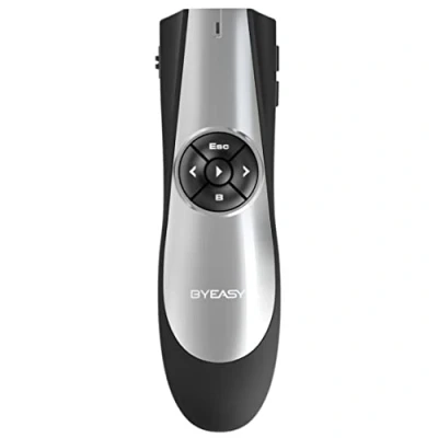 Image de BYEASY Clicker de présentation pour Powerpoint, télécommande sans Fil avec contrôle du Volume enseignement présentations Discours, assemblages Scolaires, etc. Laser Vert
