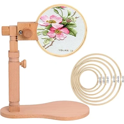 Image de Support pour Point de Croix en Bois avec Tambour à Broder Tailles Différentes, Broderie Table Réglable Haut et Angle, Outils Couture Réglables par Poweka