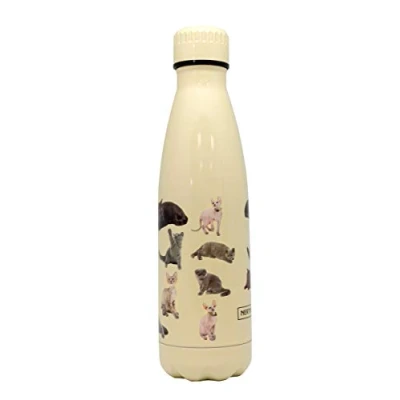 Image de NERTHUS Fih 771 Bouteille Double Paroi Motif Chats Jaune 500 ML, Acier Inoxydable, sans Bpa, 18/8