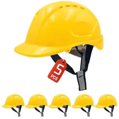 Image de Mustbau 5 PCS Casque de Chantier, Protection Construction avec Sangle 6 Points, 52 à 66cm Tour tête réglable, Très Respirant pour Hommes, Femmes Jaune