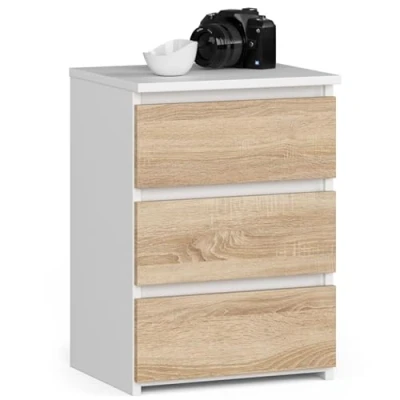 Image de AKORD Table de Chevet Commode CL 3 avec tiroirs pour Le Salon Chambre Armoire Bureau Design Moderne et Fonctionnel L40 x H57 P35 cm, Poids 26 kg Blanc Chêne Sonoma