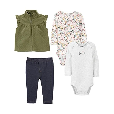 Image de Simple Joys by Carter&#039;s 4 Piece Bodysuit and Vest Set Gilet Tendance, Blanc Fleuri/Gris/Indigo/Vert Olive, 0 3 Mois (Lot de 4) Bébé Fille