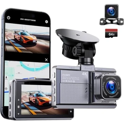 Image de 4K Dashcam Voiture Avant Arriere avec GPS,WiFi Camera Enregistreur Jour et Nuit Carte SD 64G,Dash Cam,Vision Nocturne,WDR,G Capteur,Mode Stationnement 24H,Enregistrement en Boucle
