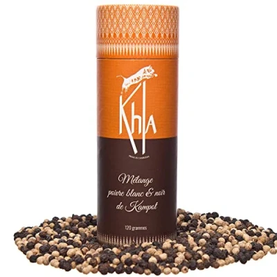 Image de Khla Mélange Poivre Noir &amp; Blanc de Kampot Bio Tube en Grains 120g Direct Producteur Production limitée Épice d’Asie Origine Cambodge