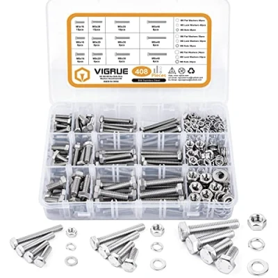 Image de VIGRUE 408 pièces M5 M6 M8 Vis à tête hexagonale en acier inoxydable A2 Set de avec écrous Rondelles DIN933 Boulons filetage complet machine pour réparation