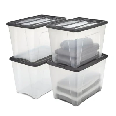Image de Iris Ohyama, Boite Rangement Plastique avec Couvercle, 60L, Lot de 4, Noir, Clips Fermeture, Poignée,Empilable, Organisation Solide &amp; Durable, pour Chambre, Dressing, Bureau, NTB 60