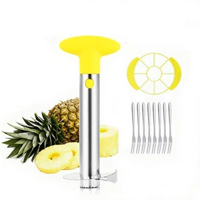 Image de OITUGG Coupe Ananas Epluche Decoupe Eplucheur Inox avec 8 pièce Fourchettes à Fruits et 1 en quartier (Jaune)