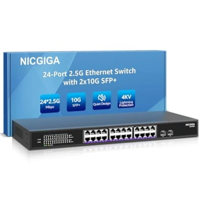 Image de 24 Port 2.5G ➕ 2 10G SFP+ Ethernet Switch, NICGIGA 26 2.5Gb Network Switch Unmanaged, Plug &amp; Play, Desktop Or 19 inch Rack Mount, Fanless Metal Design.