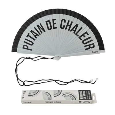 Image de FISURA Éventail original avec message « P*tain de chaleur ». Ventilateur réversible élégant bois coloré. Accessoire portable gris noir. Crochet inclus. Dimensions : 42,5 x 23 cm