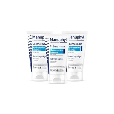 Image de SORIFA Lot de 3 Manuphyl Crème Mains Hydratation Intense Hydratante et protectrice sèches sensibles Non grasse, sans parfum, enrichie en allantoine protéines blé Tube 50 ml