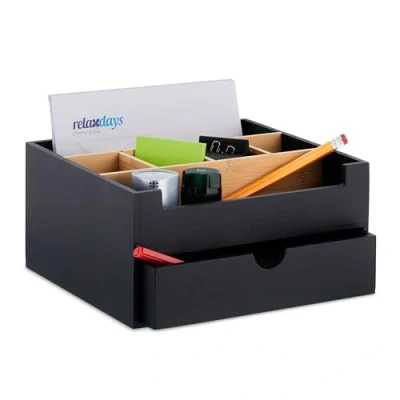 Image de Relaxdays Organisateur Bureau, 1 tiroir, 6 Compartiments, Bambou, HxLxP: 13x26x23,5 cm, Range Fournitures, Noir Nature