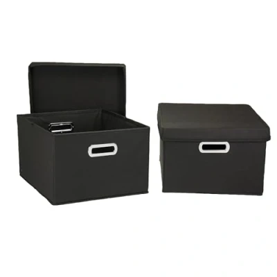 Image de Household Essentials Fabric Storage Boxes with Lids and Handles, Black, Set of 2