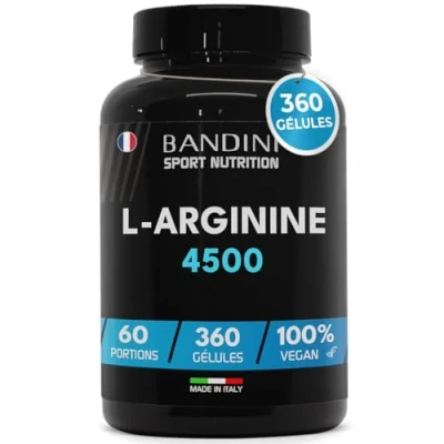 Image de Bandini® L Arginine 360 gélules véganes 4500 mg de poudre d&#039;Arginine pure HCL par dose journalière Hautement dosé Fabriqué fermentation vegetale 100% Végétalien, Sans Additifs et Arômes
