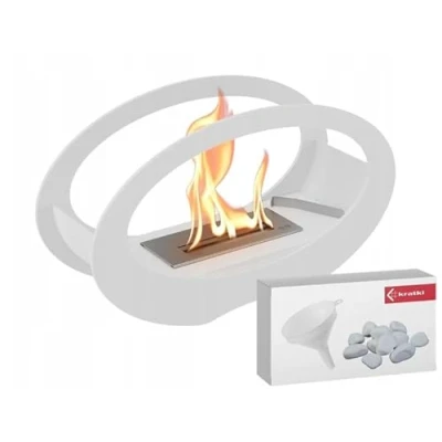 Image de kratki Echo Cheminée au bioéthanol + Galets Entonnoir Fosse Ovale Autonome avec récipient à de 0,2 l Certifié TÜV Acier revêtu par pulvérisation 29 x 50 cm Blanc
