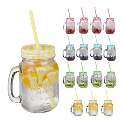 Image de Relaxdays Jarres avec Paille et Couvercle, en Lot de 16, Volume : 500 ML, Design rétro, Verre Anse, Multicolore