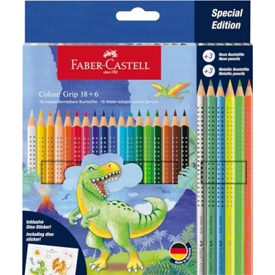 Image de FABER CASTELL 201546 Set de crayons couleur Dino, 24 pièces, incassable, y compris 3 métalliques, néon et des autocollants Dino