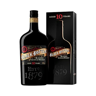 Image de Black Bottle 10 ans Blended Scotch whisky 40% 70cl avec coffret Vieilli en fûts de chêne américain pendant Un minimum dix riche, boisé et tourbé