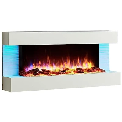 Image de BALDERIA Cheminée électrique Murale Helia Foyer avec Effet de Flammes 3D Chauffage 2000W, éclairage LED télécommande, minuteur &amp; Thermostat Blanc