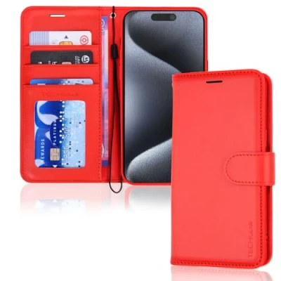 Image de TECHGEAR iPhone 15 Pro Max Leather Wallet Case, Flip Protective Case Cover with Card Holder, Stand and Wrist Strap Red PU Magnetic Closure Designed for 6.7&quot;