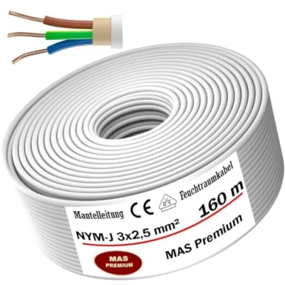 Image de MAS Premium Câble d&#039;alimentation NYM J pour pièces humides 5 à 200 m gainé 3 x 1, 2,5 4 6 10 ou 1,5, 2,5, 4, 6, 16 électrique pose fixe (NYM 2, mm², 160
