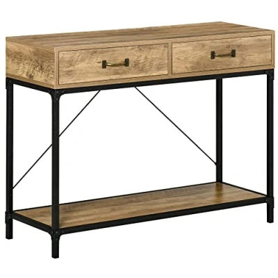 Image de HOMCOM Table Console d&#039;appoint d&#039;entrée Industriel dim. 100L x 35l 76H cm avec 2 tiroirs et 1 Plateau Aspect Bois