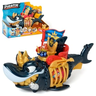 Image de Piratix King Shark Golden Teeth Requin articulé avec Une Cage pour capturer Les rivaux Contient 1 Requin, Trésor Exclusif, Exclusif et Accessoire. sur Amazon
