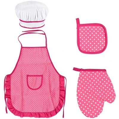 Image de Ensemble Chef pour Enfants, réglable Tablier Cuisine Tout Petit avec Chapeau Chef, Gant de Tapis Résistant à La Chaleur Garçons Filles 3 8 Ans (Rose Rouge)