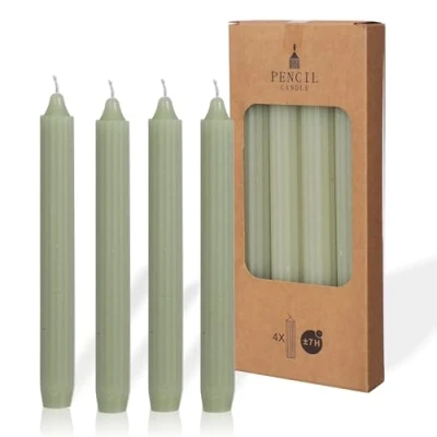 Image de COMFORDER Lot de 4 bougies table unies + nervurées, 20 cm, durée combustion 7 heures, non parfumées, vert clair