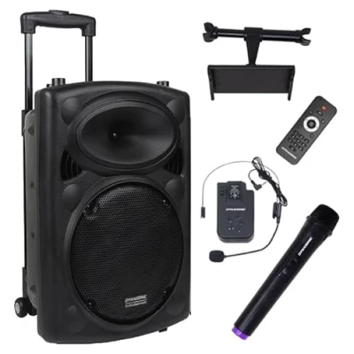 Image de DYNASONIC DYNAPRO 12 Plus (3ª Gen) Enceinte Haut Parleur Bluetooth Portable Professionnel, Puissant 700 W, 2 Microphones karaoké et Support pour Tablette