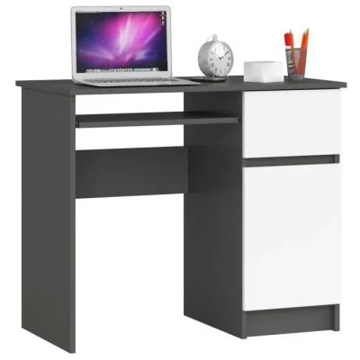 Image de AKORD Bureau Informatique d&#039;ordinateur Piksel Tablette Clavier Droit Desk 1 Tiroir et Compartiment avec Porte Table d’étude L90 x H77 P50 cm Gris Graphite/Blanc
