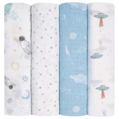 Image de aden + anais™ essentials 4 Maxi Langes pour bébé en mousseline 100% coton, Pack de 4, ultradoux et légers, Multi usages, Garçon fille, 112cm x 112cm, Imprimé space explorers