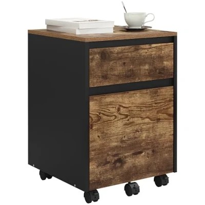 Image de WOLTU Caisson de Bureau avec 2 Tiroirs, Armoire à Dossiers sur roulettes, Meuble Rangement pour Documents A4, en Bois d&#039;ingénieur PB, Effet Vintage, 40x40x56cm, ASK11hov