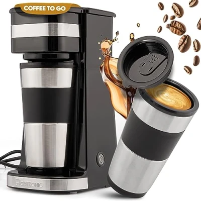 Image de Clatronic KA 3733 Cafetière à café avec tasse en acier inoxydable de 0,4 l 2 Go Idéal pour la voiture, le bureau et les déplacements Machine filtre simple Noir