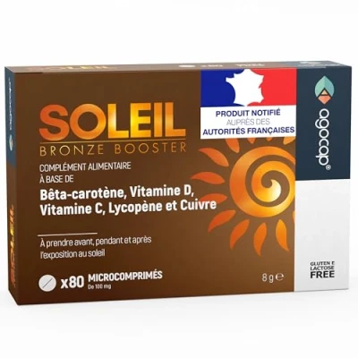 Image de Soleil, Autobronzant Gelule. Accelerateur de bronzage avec Bêtacarotène, Sélénium, Lycopène, Vitamines. 80 comprimés activateur et preparation. Agocap