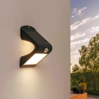 Image de Ledvion Applique solaire avec capteur de mouvement moderne, noir, 1,5 W, 3000 K, IP65 étanche et 220 lumens, détection interrupteur crépusculaire, basse consommation
